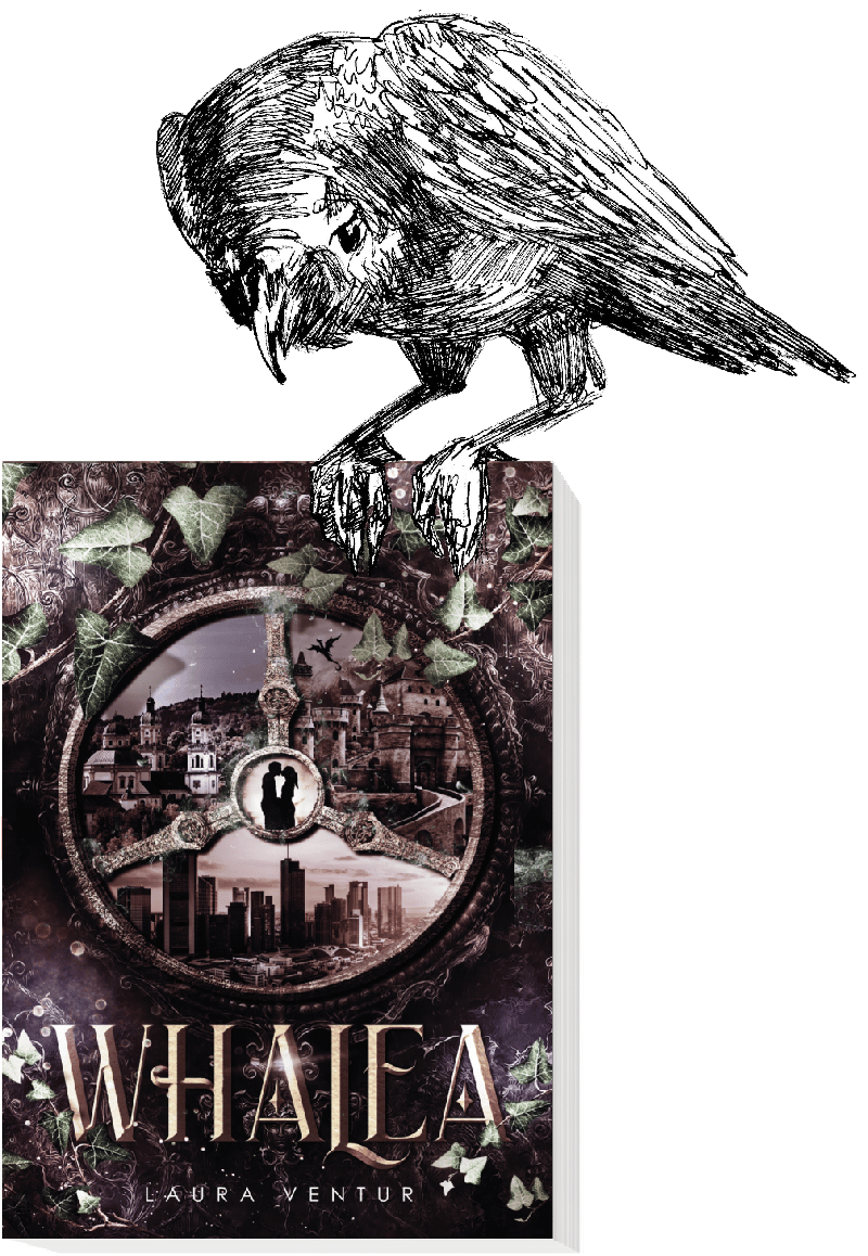 Fantasyroman Whalea - gezeichneter Rabe sitzt auf dem Buch